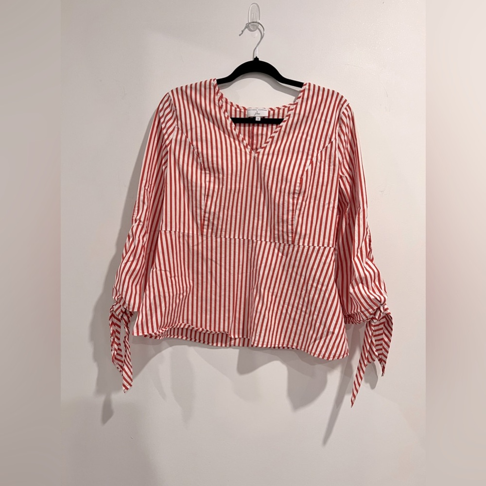 Universal Standard x J.Crew Stripe Poplin Tie-Sleeve Top Blouse S V-Neck Stretch